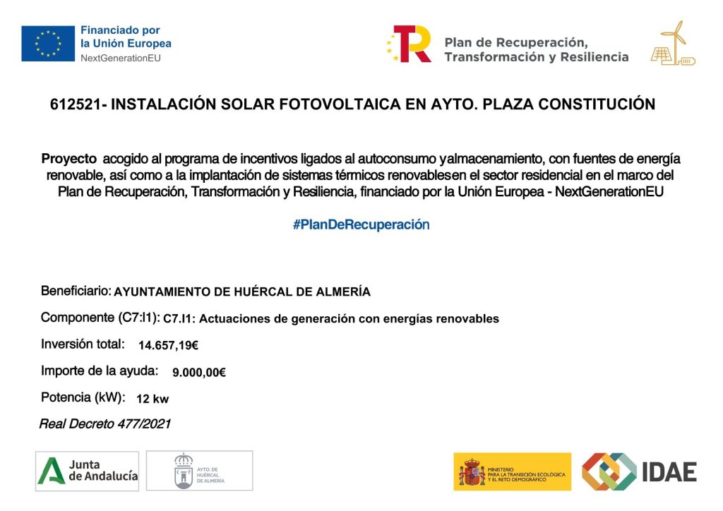 PUBLICIDAD INCENTIVOS PRTR INSTALACIÓN SOLAR FOTOVOLTAICA EN AYTO. PLAZA CONSTITUCIÓN