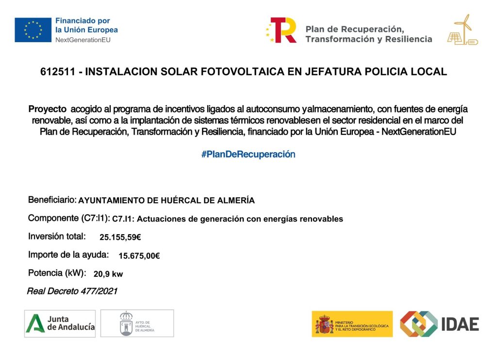 PUBLICIDAD INCENTIVOS PRTR INSTALACIÓN SOLAR FOTOVOLTAICA EN JEFATURA POLICIA LOCAL
